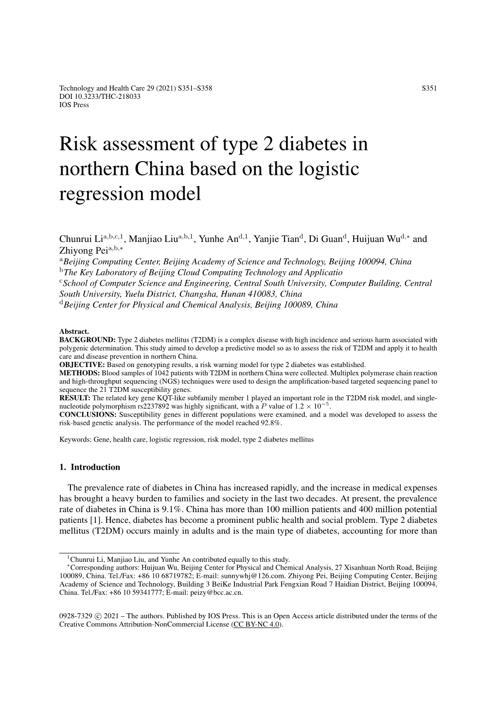 Risk Assessment of Type 2 Diabetes in Northern China Based on the Logistic Regression Model