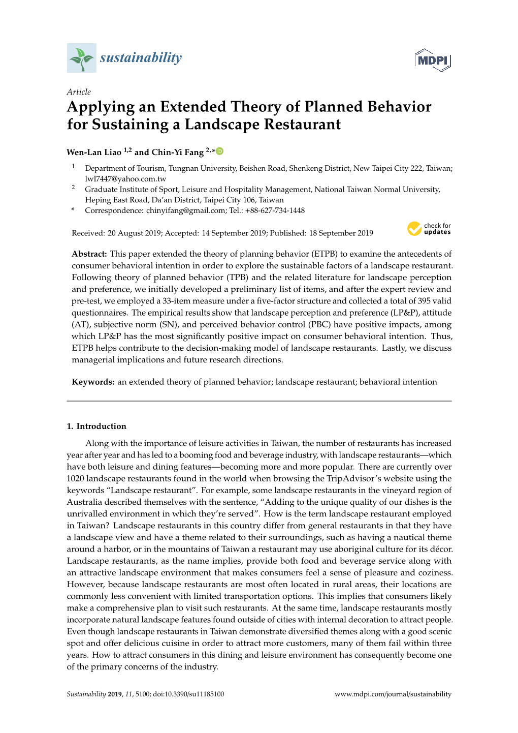 Applying an Extended Theory of Planned Behavior for Sustaining a Landscape Restaurant