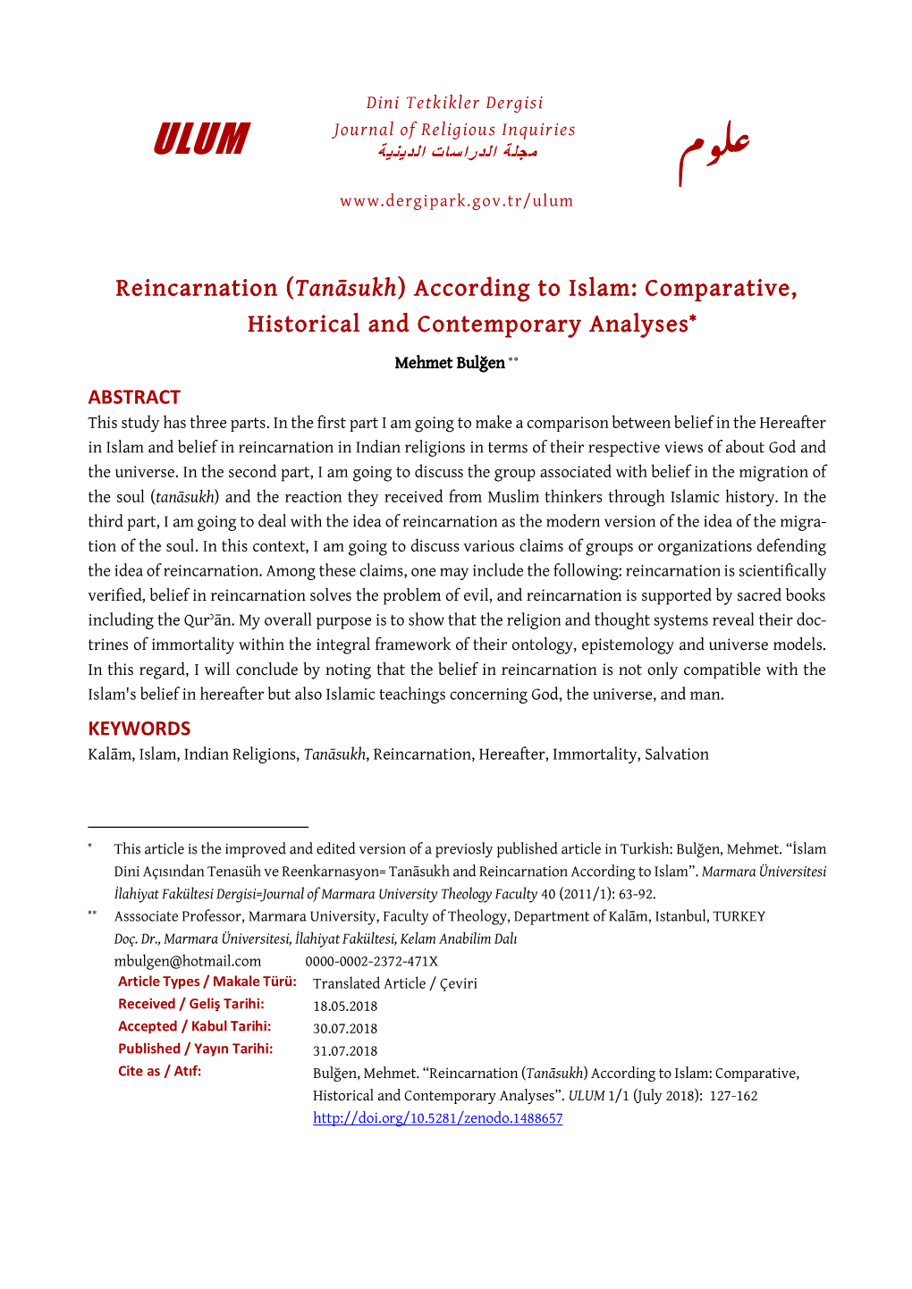 Reincarnation (Tanāsukh) According to Islam: Comparative, Historical and Contemporary Analyses*