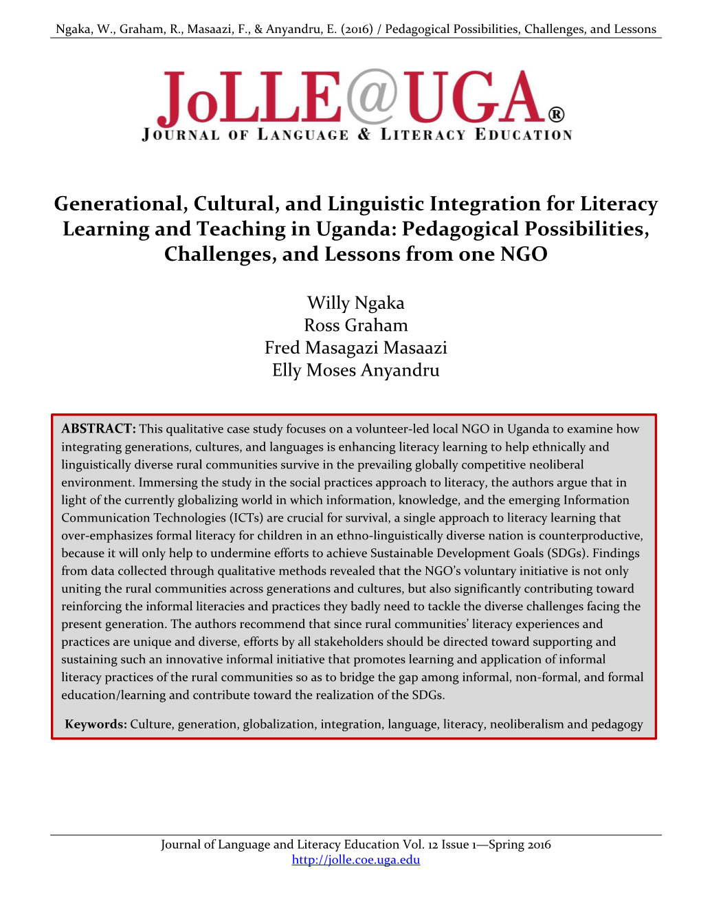 Generational, Cultural, and Linguistic Integration for Literacy Learning and Teaching in Uganda: Pedagogical Possibilities, Challenges, and Lessons from One NGO