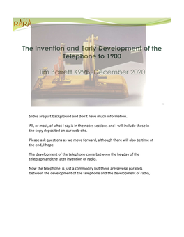 The Invention and Early Development of the Telephone to 1900 Tim