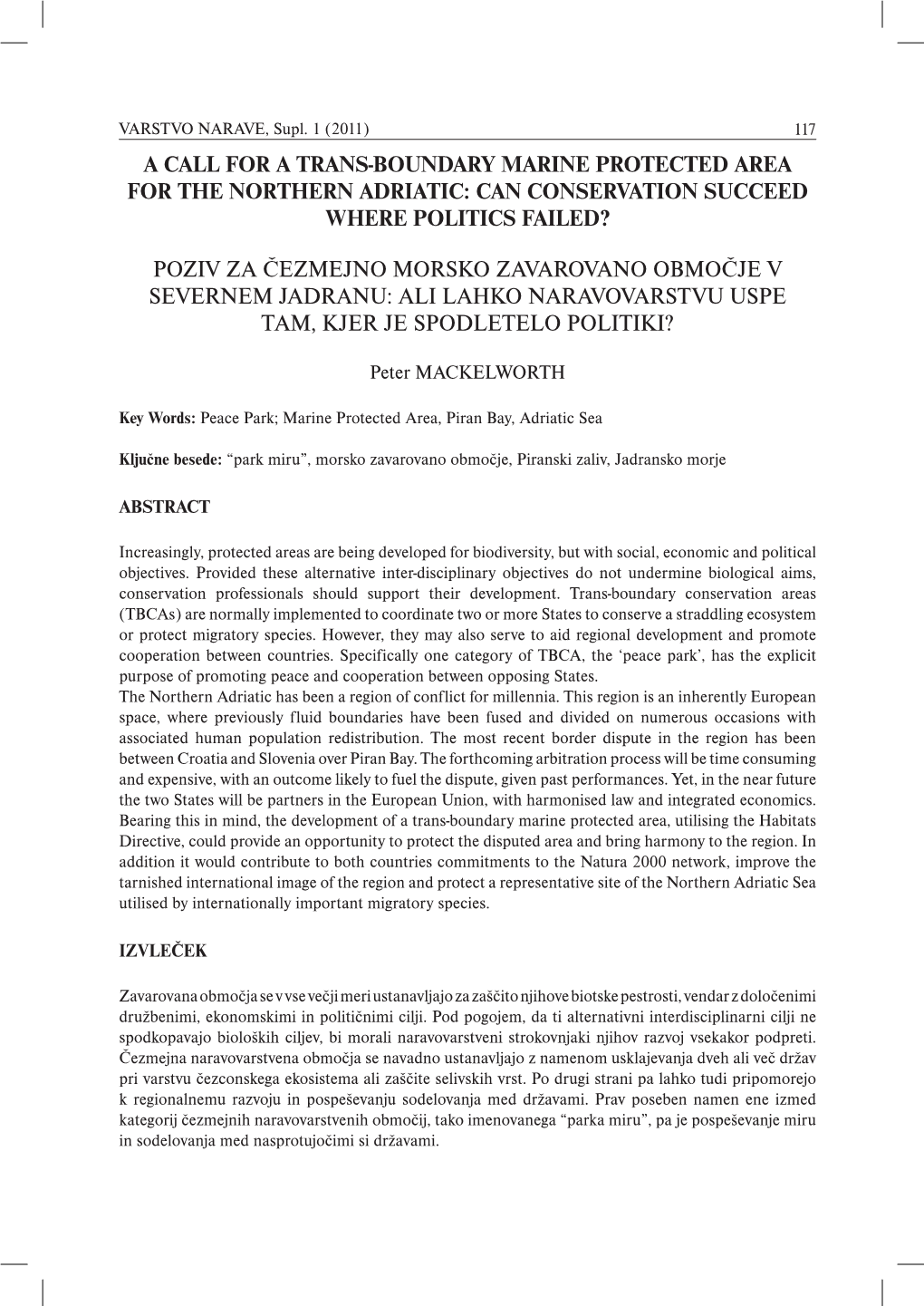 A Call for a Trans-Boundary Marine Protected Area for the Northern Adriatic: Can Conservation Succeed Where Politics Failed?