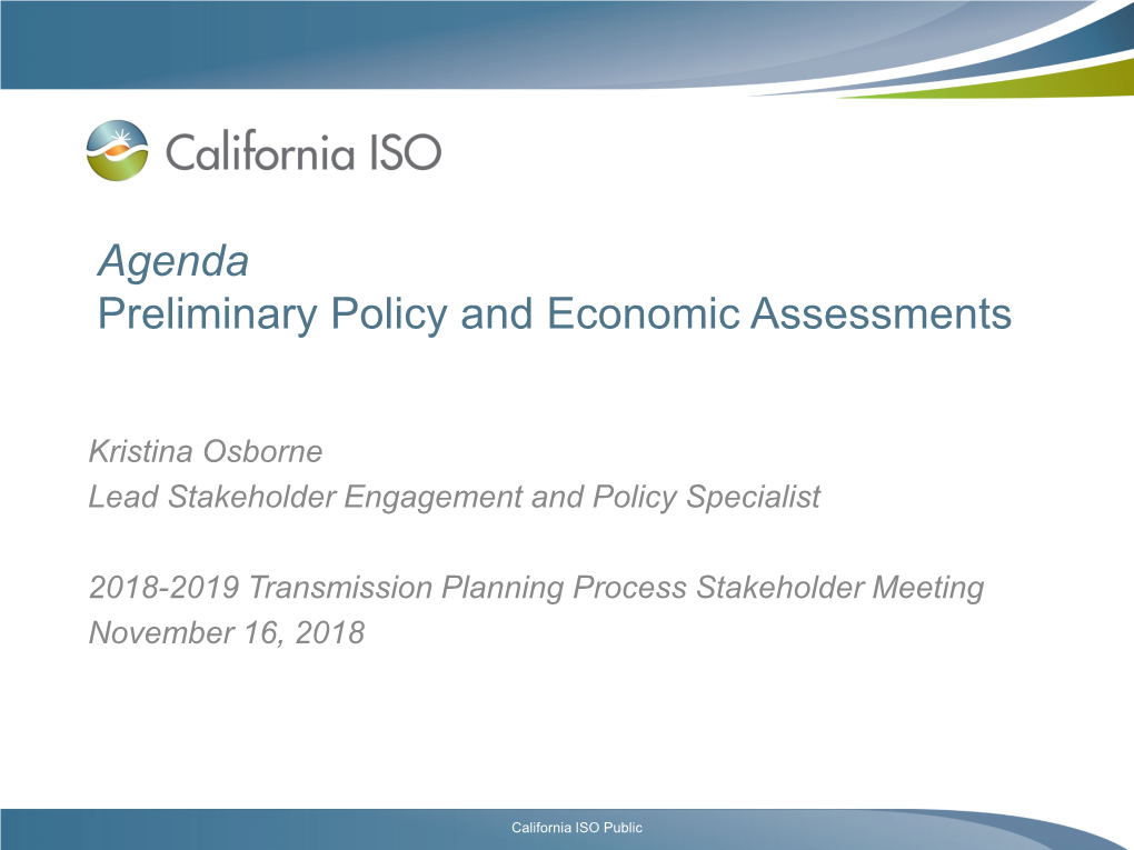 Agenda Preliminary Policy and Economic Assessments