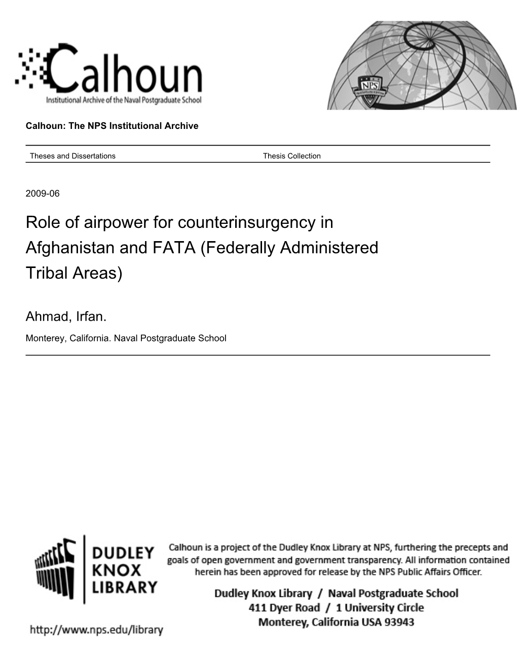 Role of Airpower for Counterinsurgency in Afghanistan and FATA (Federally Administered Tribal Areas)