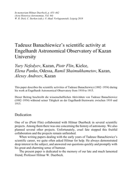Tadeusz Banachiewicz's Scientific Activity at Engelhardt Astronomical
