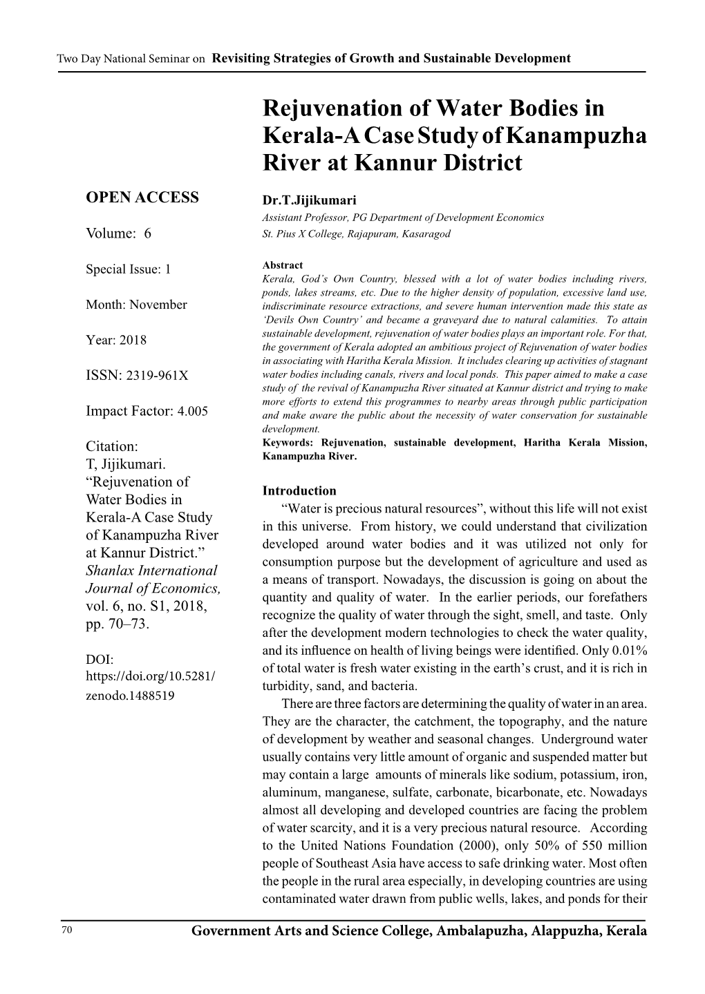 Rejuvenation of Water Bodies in Kerala-A Case Study of Kanampuzha River at Kannur District