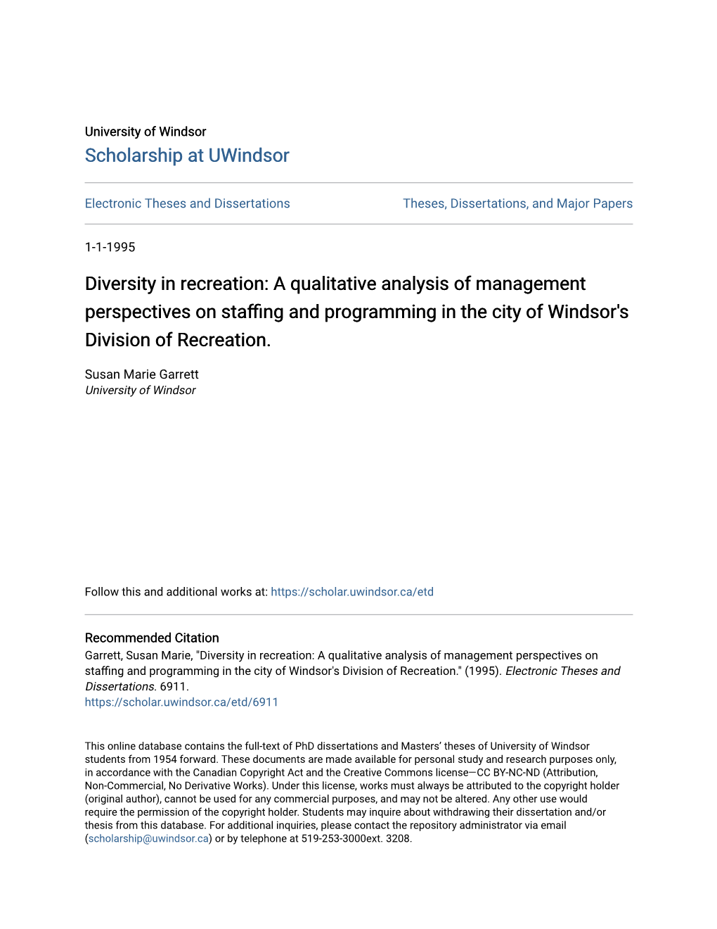 Diversity in Recreation: a Qualitative Analysis of Management Perspectives on Staffing and Ogrpr Amming in the City of Windsor's Division of Recreation