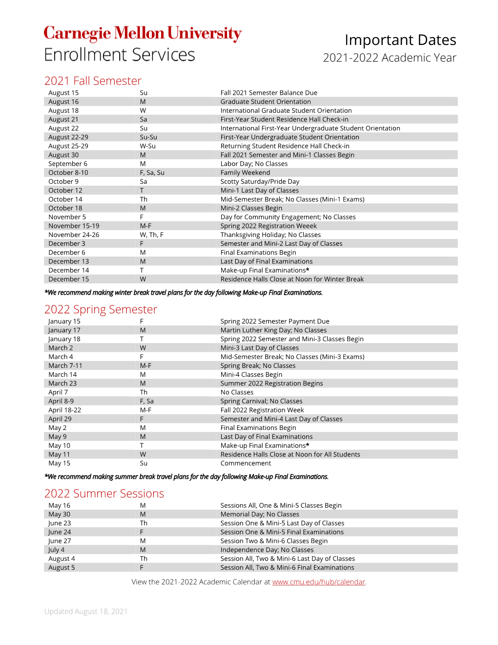 Important Dates 2021-2022 Academic Year