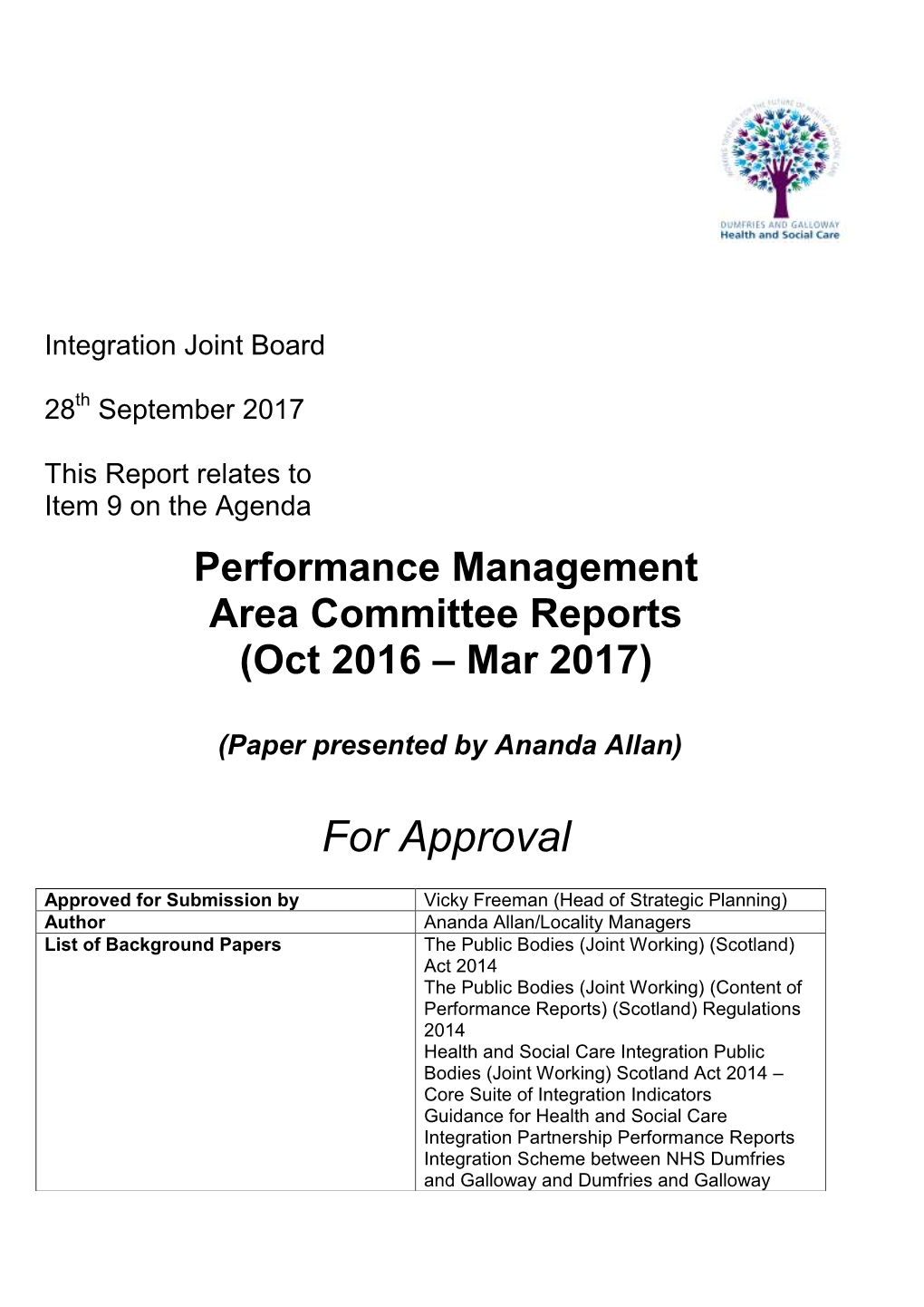 Performance Management Area Committee Reports (Oct 2016 – Mar 2017)
