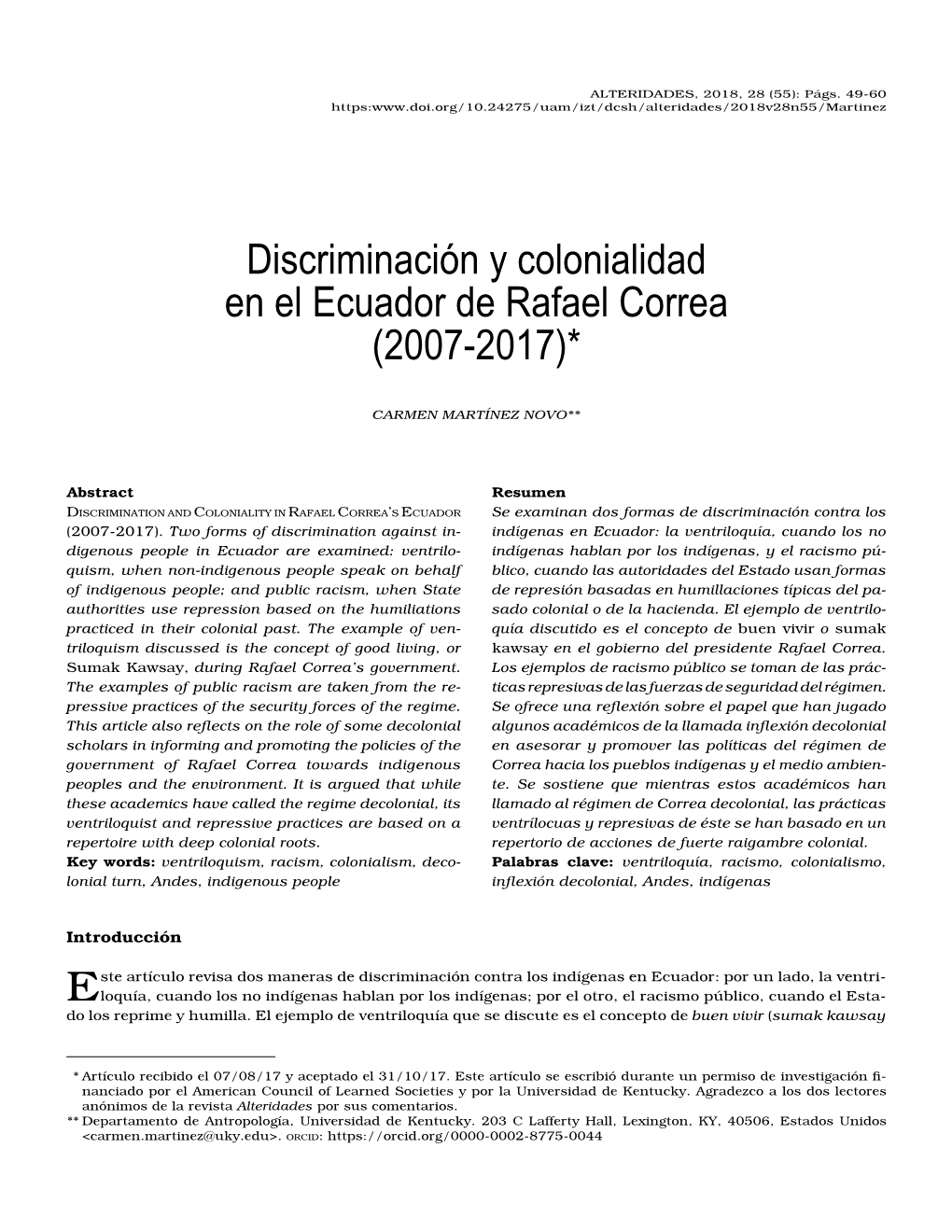 Discriminación Y Colonialidad En El Ecuador De Rafael Correa (2007-2017)*