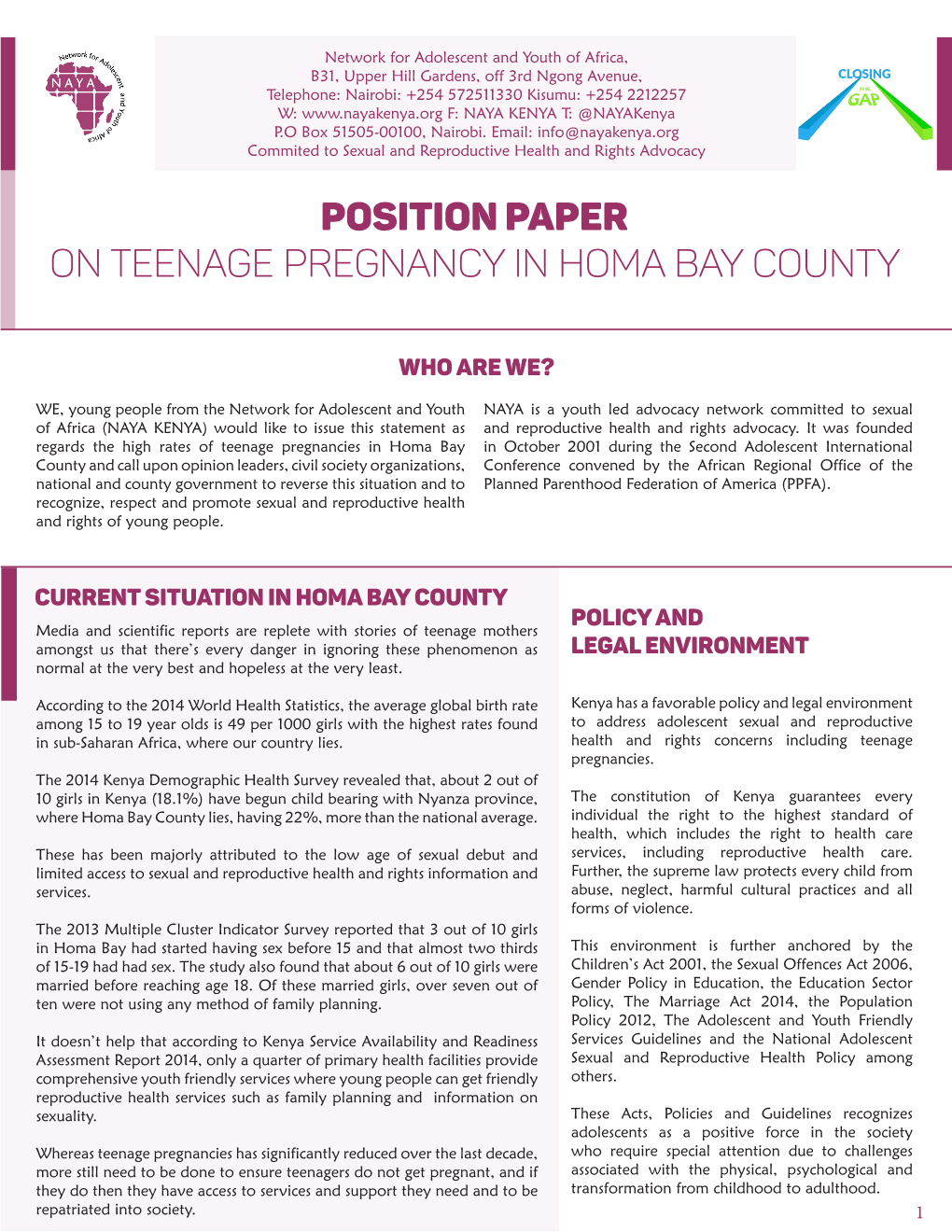 Position Paper on Teenage Pregnancy in Homa Bay County
