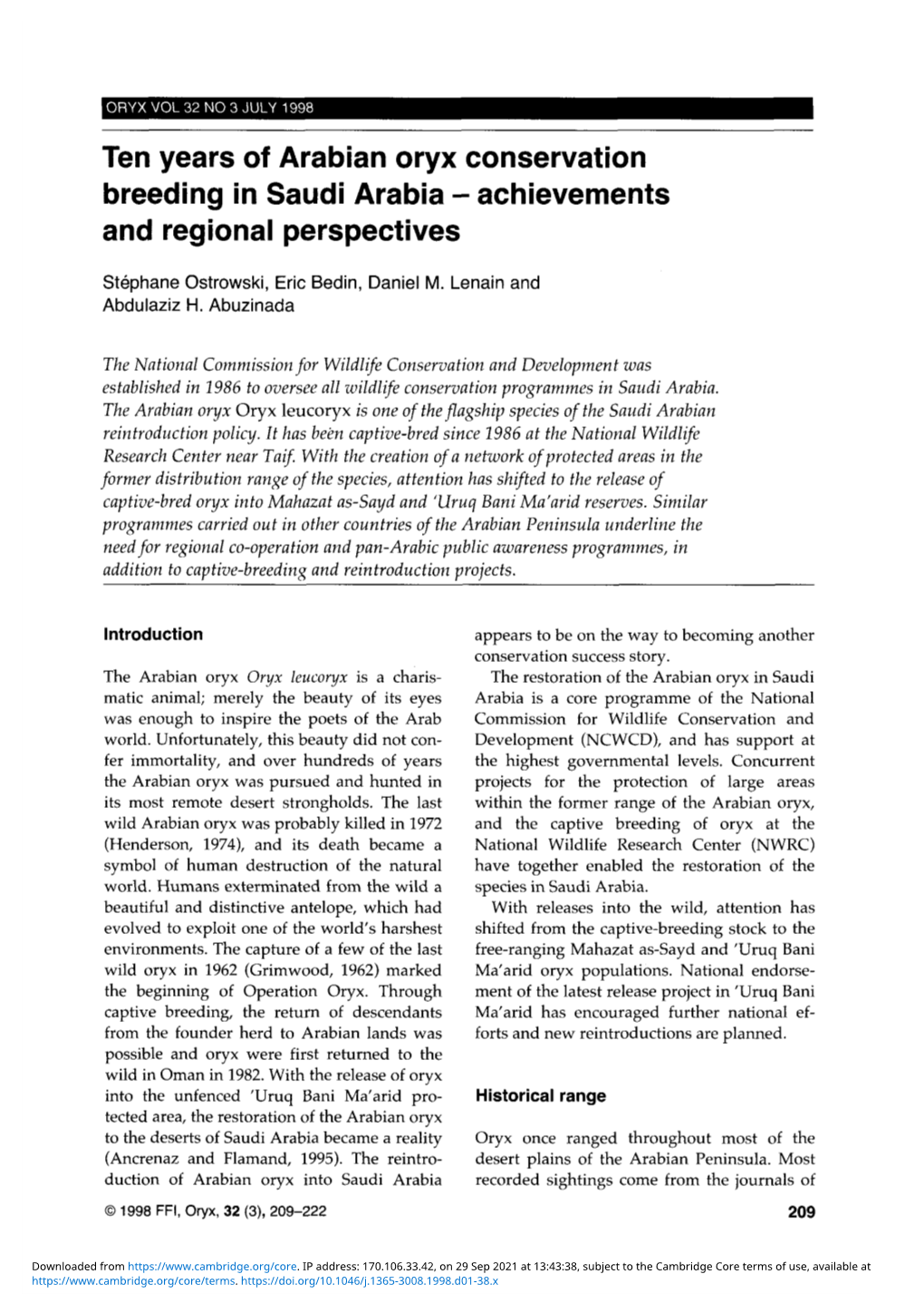 Ten Years of Arabian Oryx Conservation Breeding in Saudi Arabia - Achievements and Regional Perspectives