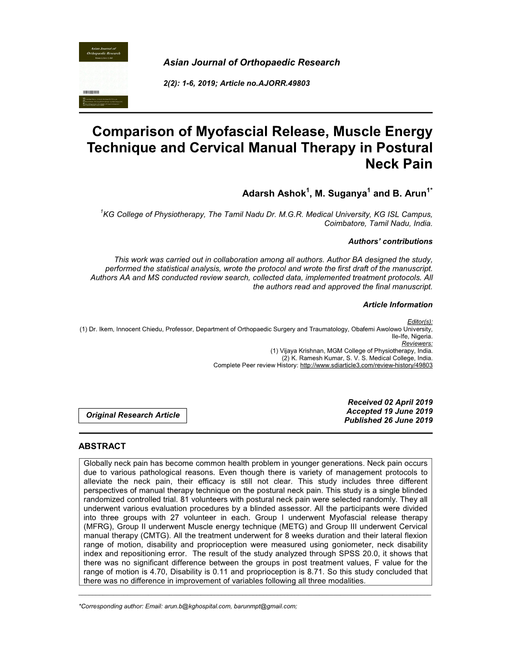 Comparison of Myofascial Release, Muscle Energy Technique and Cervical Manual Therapy in