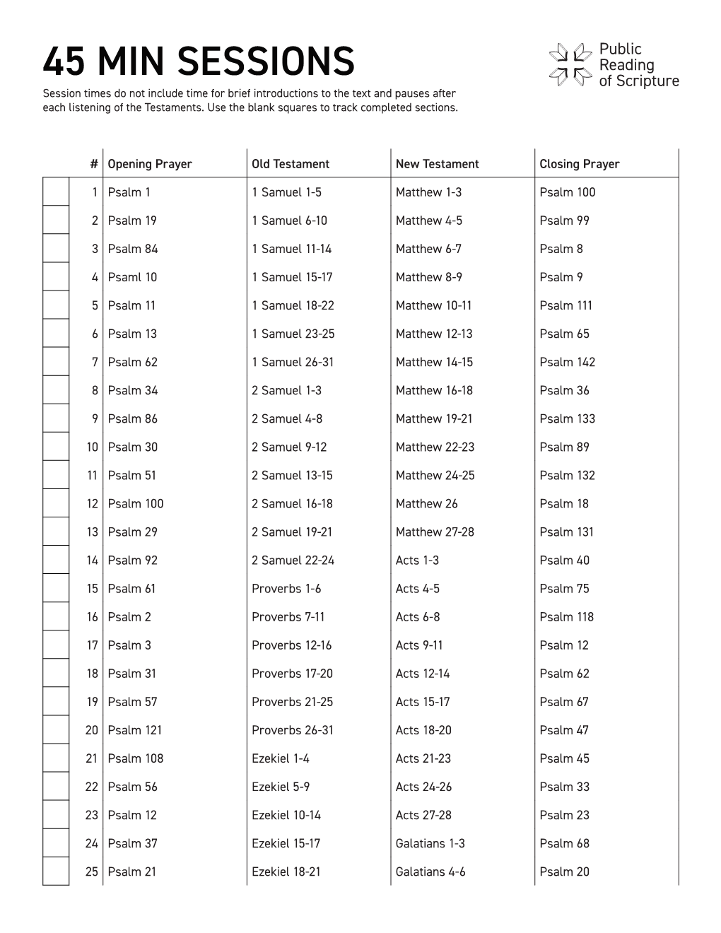 45 MIN SESSIONS Session Times Do Not Include Time for Brief Introductions to the Text and Pauses After Each Listening of the Testaments