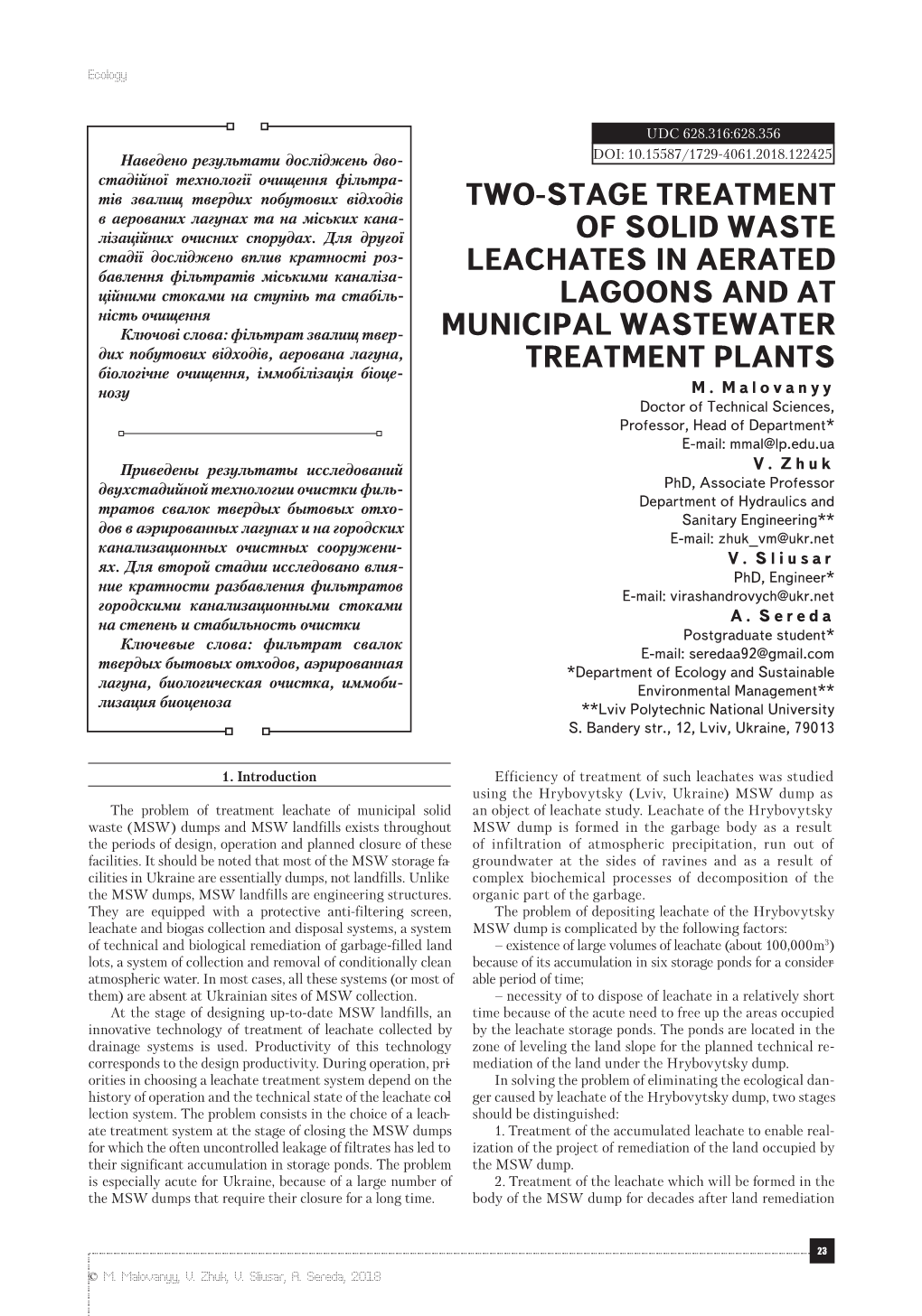 Two-Stage Treatment of Solid Waste Leachates in Aerated Lagoons and At