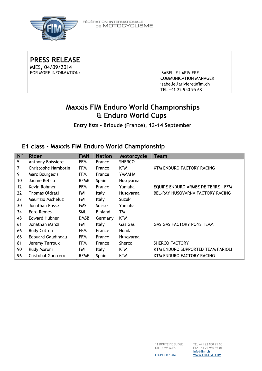 PRESS RELEASE Maxxis FIM Enduro World Championships & Enduro