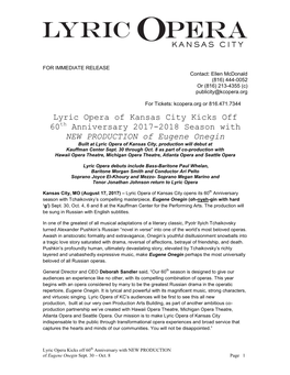 Lyric Opera of Kansas City Kicks Off 60Th Anniversary 2017-2018 Season with NEW PRODUCTION of Eugene Onegin