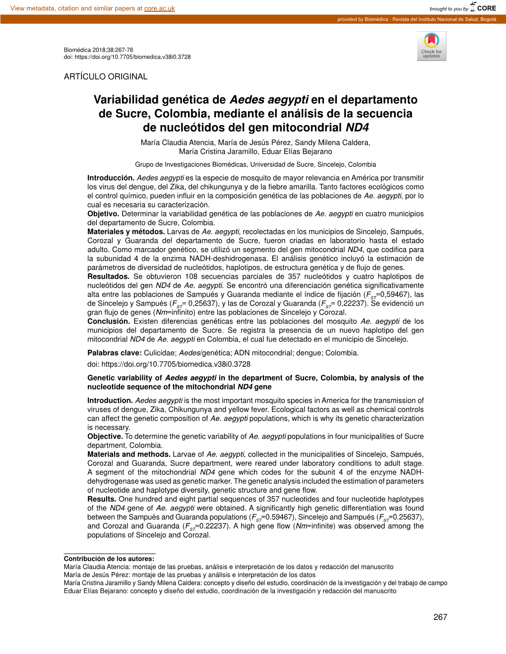 Variabilidad Genética De Aedes Aegypti En El Departamento