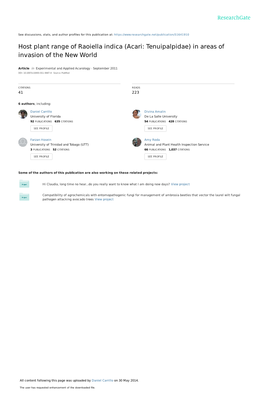 Host Plant Range of Raoiella Indica (Acari: Tenuipalpidae) in Areas of Invasion of the New World