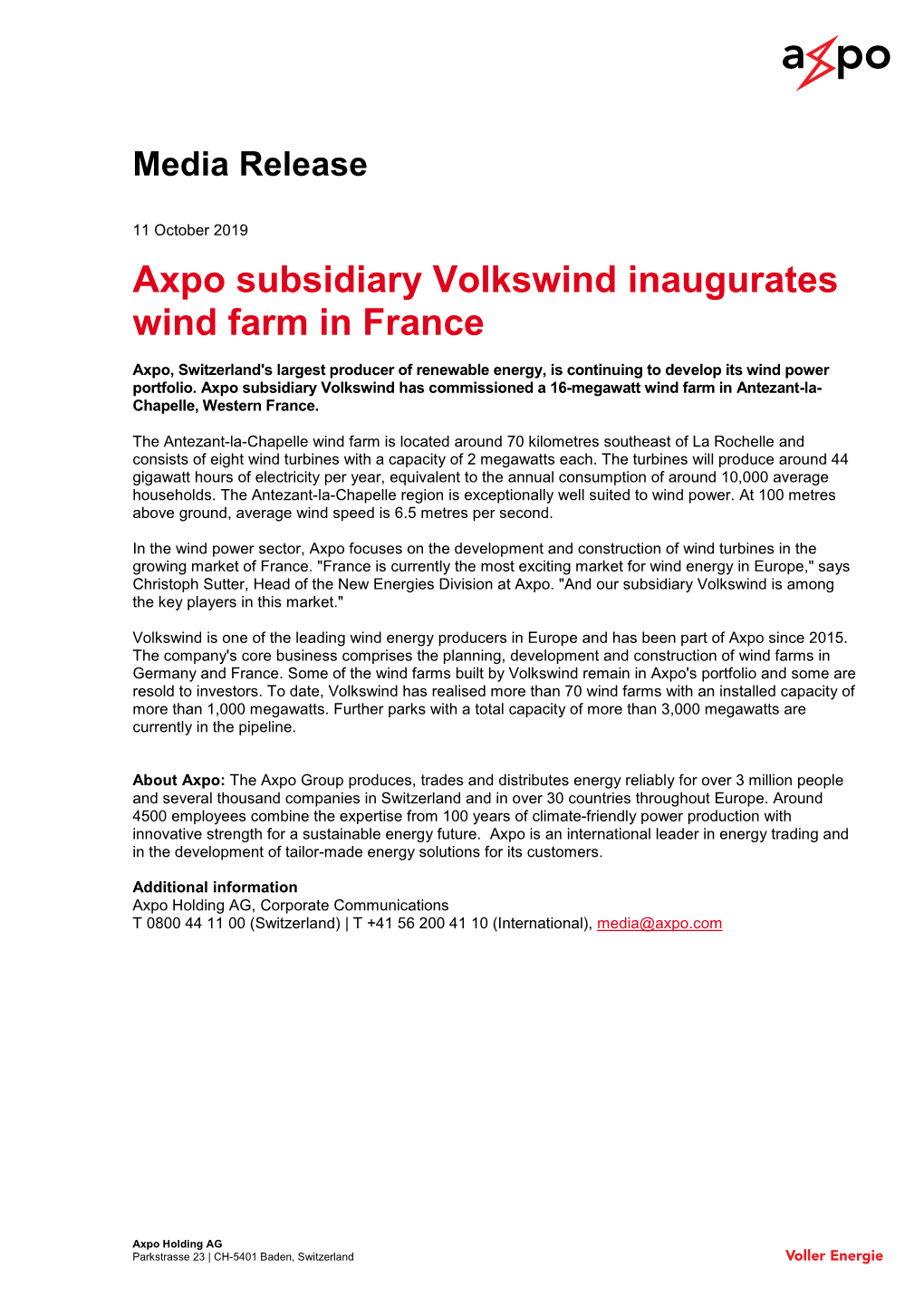 Axpo Subsidiary Volkswind Inaugurates Wind Farm in France