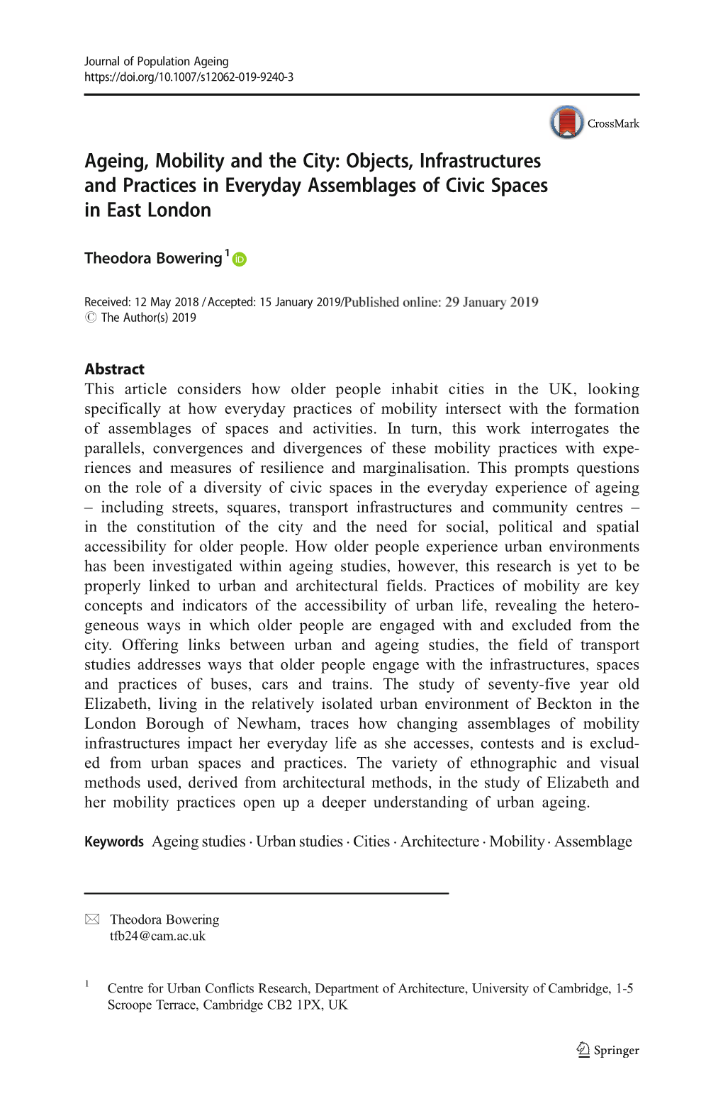 Ageing, Mobility and the City: Objects, Infrastructures and Practices in Everyday Assemblages of Civic Spaces in East London