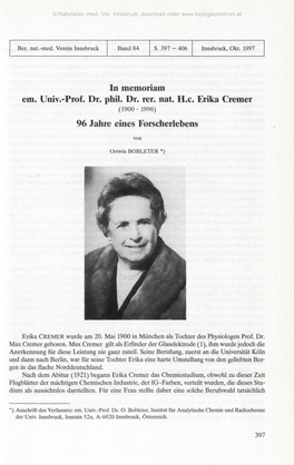 In Memoriam Em. Univ.-Prof. Dr. Phil. Dr. Rer. Nat. H.C. Erika Cremer 96