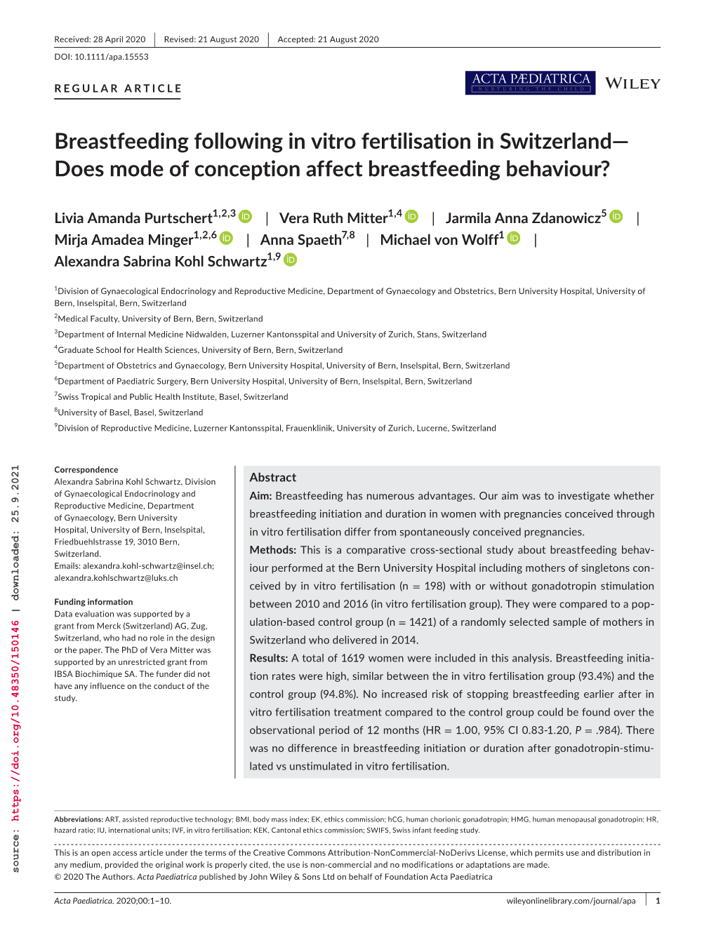 Breastfeeding Following in Vitro Fertilisation in Switzerland— REGULAR ARTICLE DOI: 10.1111/Apa.15553 10.1111/Apa.15553 DOI: Mingermirja Amadea © 2020 the Authors