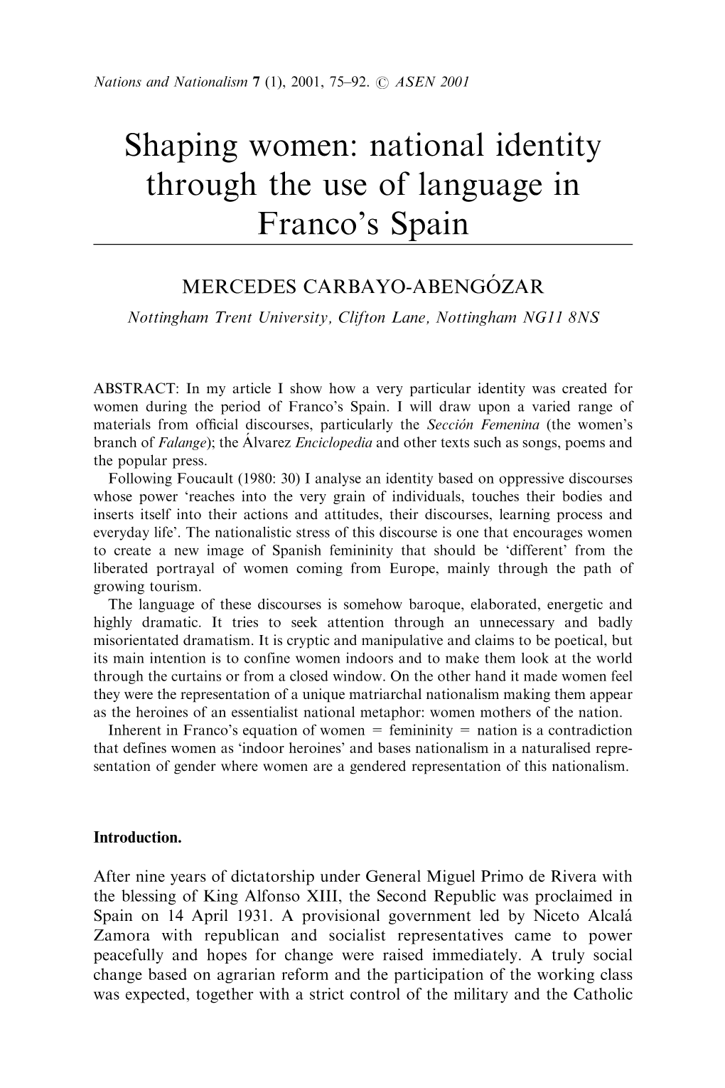 Shaping Women: National Identity Through the Use of Language in Franco's Spain