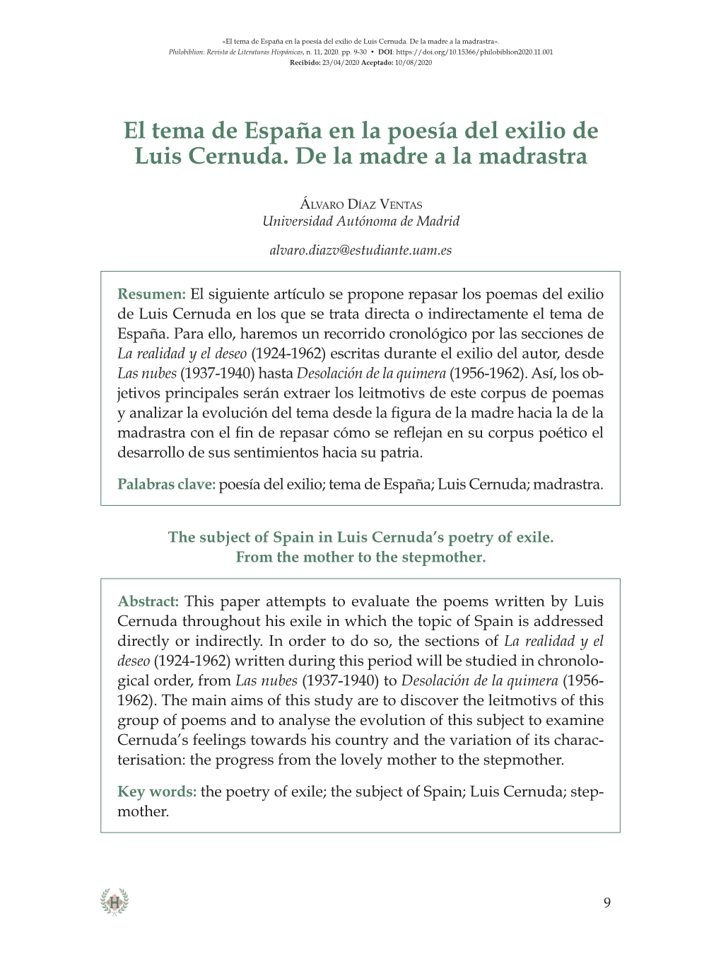 El Tema De España En La Poesía Del Exilio De Luis Cernuda. De La Madre a La Madrastra»