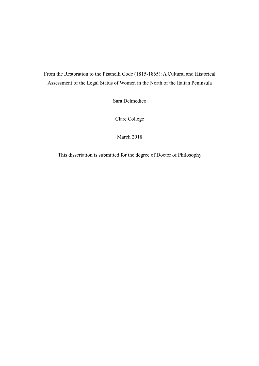 From the Restoration to the Pisanelli Code (1815-1865): a Cultural and Historical Assessment of the Legal Status of Women in the North of the Italian Peninsula