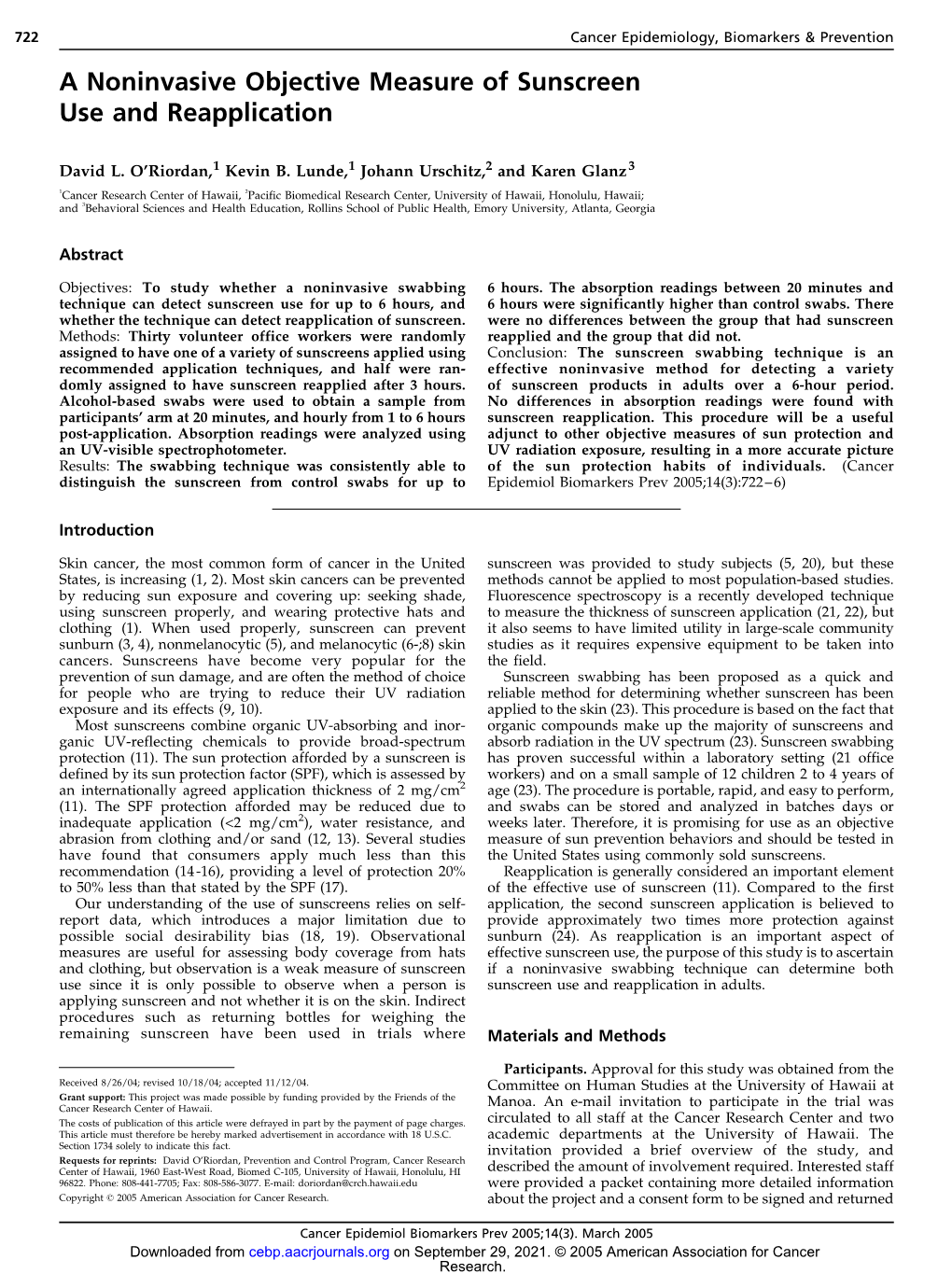 A Noninvasive Objective Measure of Sunscreen Use and Reapplication