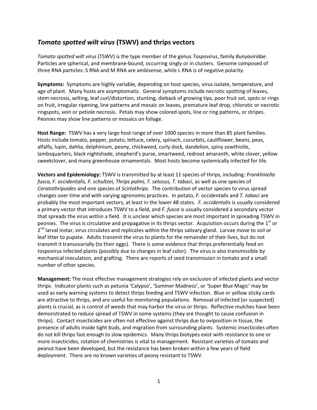 Tomato Spotted Wilt Virus (TSWV) and Thrips Vectors