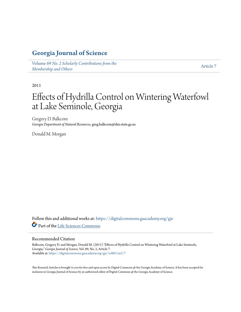 Effects of Hydrilla Control on Wintering Waterfowl at Lake Seminole, Georgia Gregory D