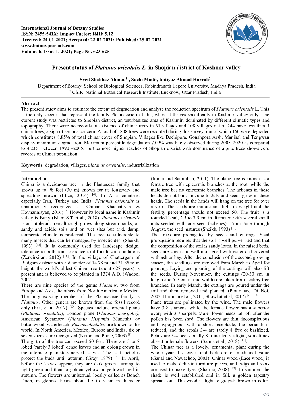 Present Status of Platanus Orientalis L. in Shopian District of Kashmir Valley