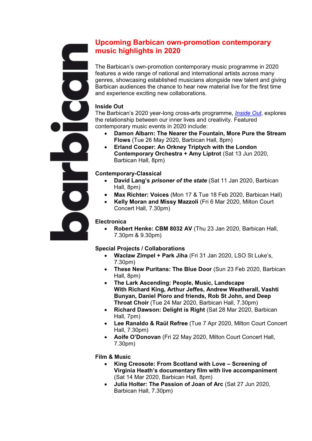 Upcoming Barbican Own-Promotion Contemporary Music Highlights in 2020