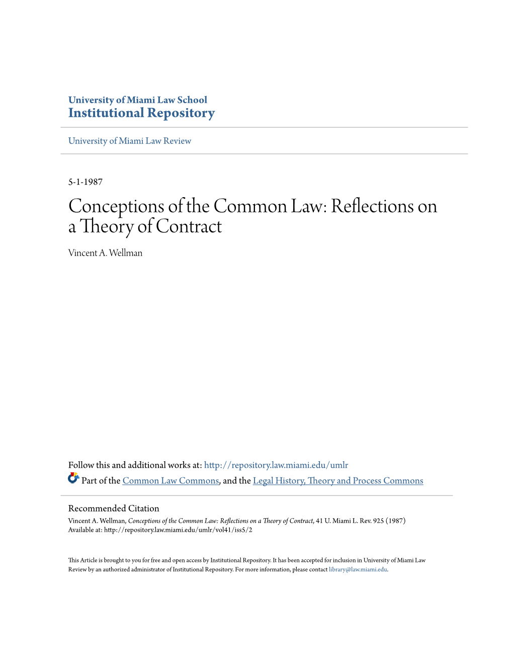 Conceptions of the Common Law: Reflections on a Theory of Contract Vincent A