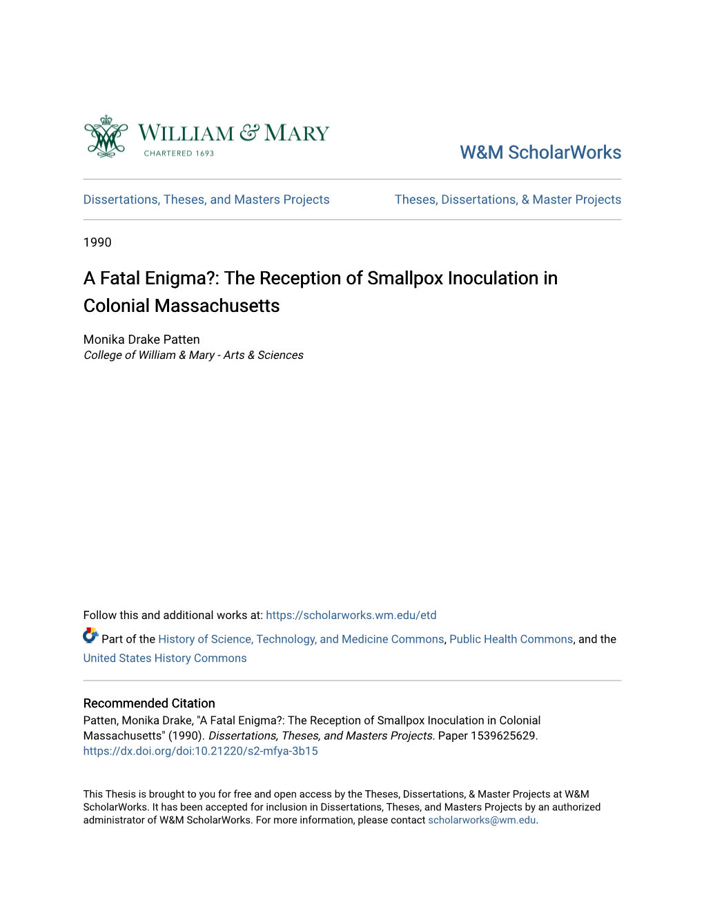 The Reception of Smallpox Inoculation in Colonial Massachusetts