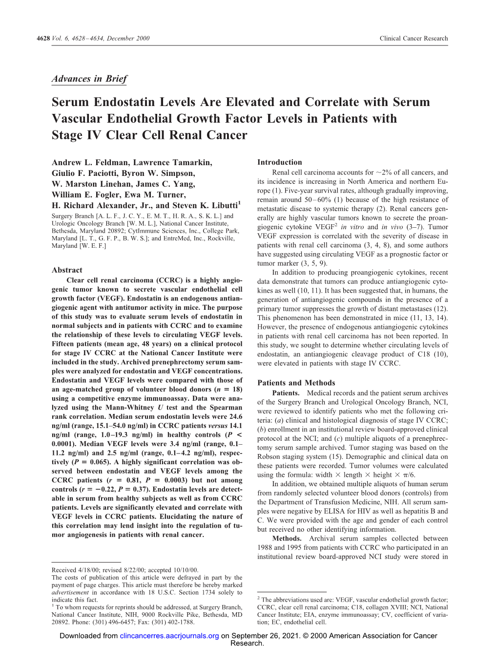 Serum Endostatin Levels Are Elevated and Correlate with Serum Vascular Endothelial Growth Factor Levels in Patients with Stage IV Clear Cell Renal Cancer