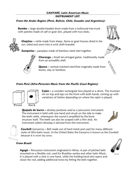 CANTARÉ, Latin American Music INSTRUMENT LIST from the Andes Region (Perú, Bolivia, Chile, Ecuador and Argentina)