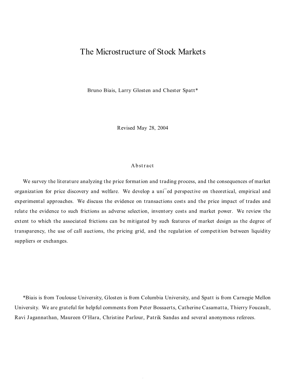 The Microstructure of Stock Markets
