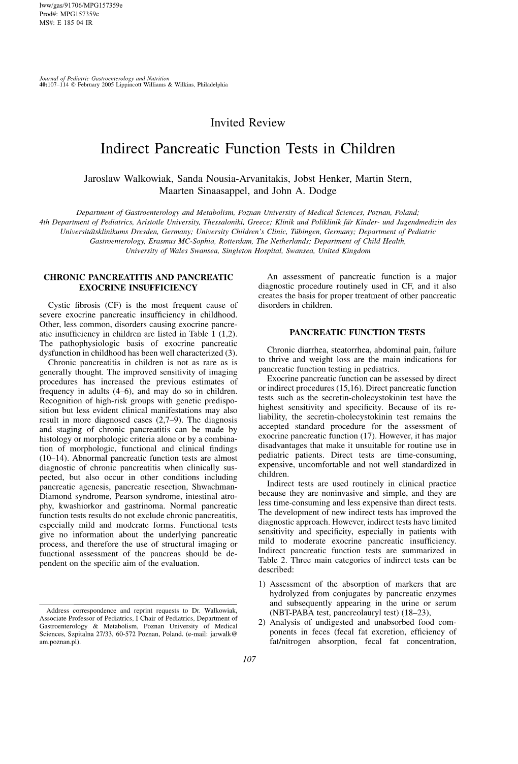 Indirect Pancreatic Function Tests in Children