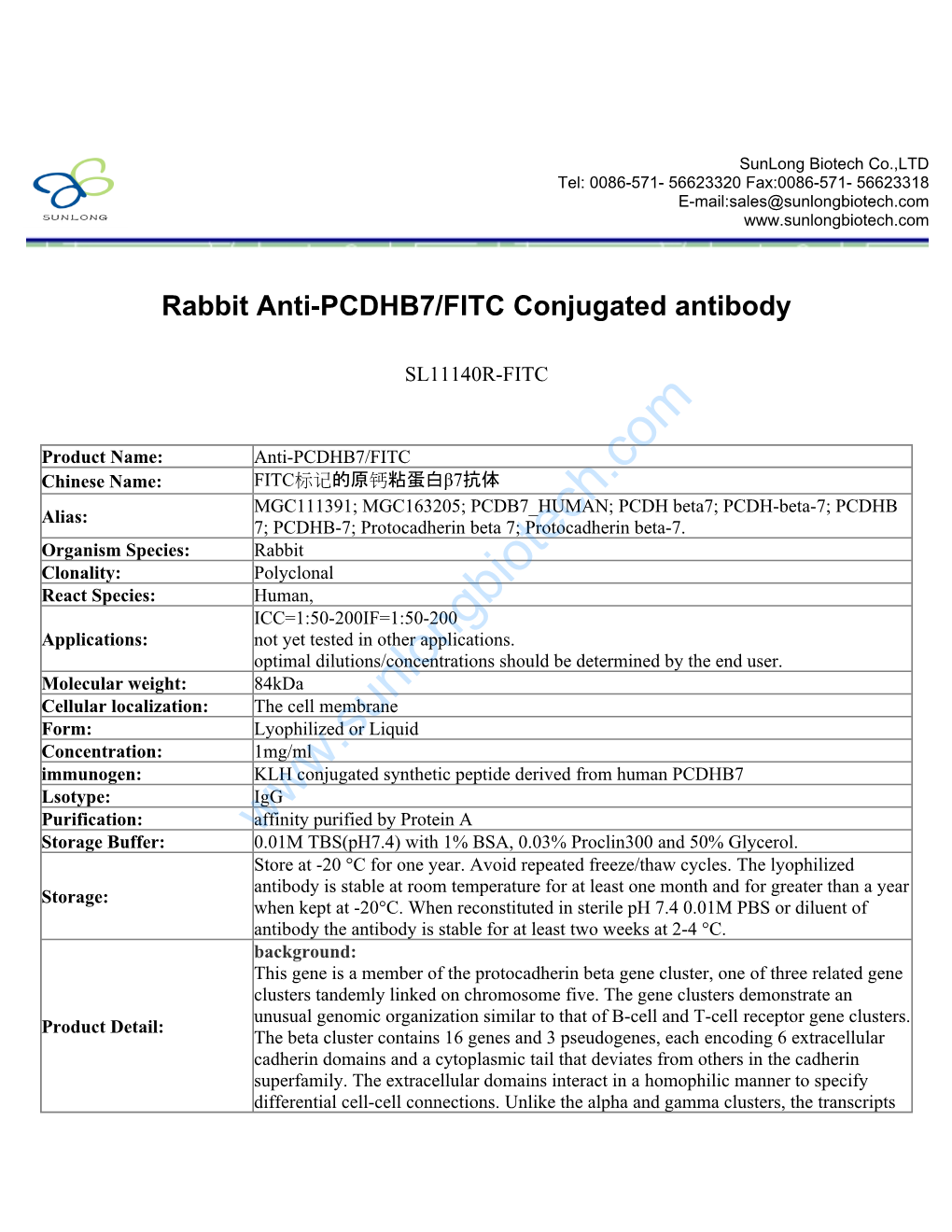Rabbit Anti-PCDHB7/FITC Conjugated Antibody-SL11140R