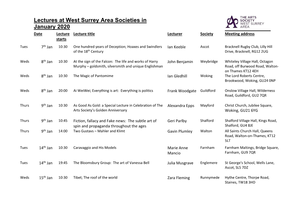 Lectures at West Surrey Area Societies in January 2020