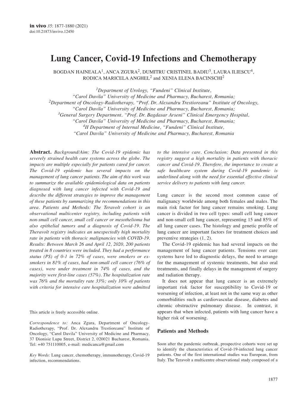 Lung Cancer, Covid-19 Infections and Chemotherapy