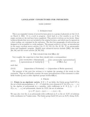 LANGLANDS' CONJECTURES for PHYSICISTS 1. Introduction This Is
