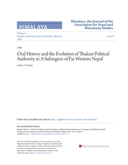Oral History and the Evolution of Thakuri Political Authority in a Subregion of Far Western Nepal Walter F