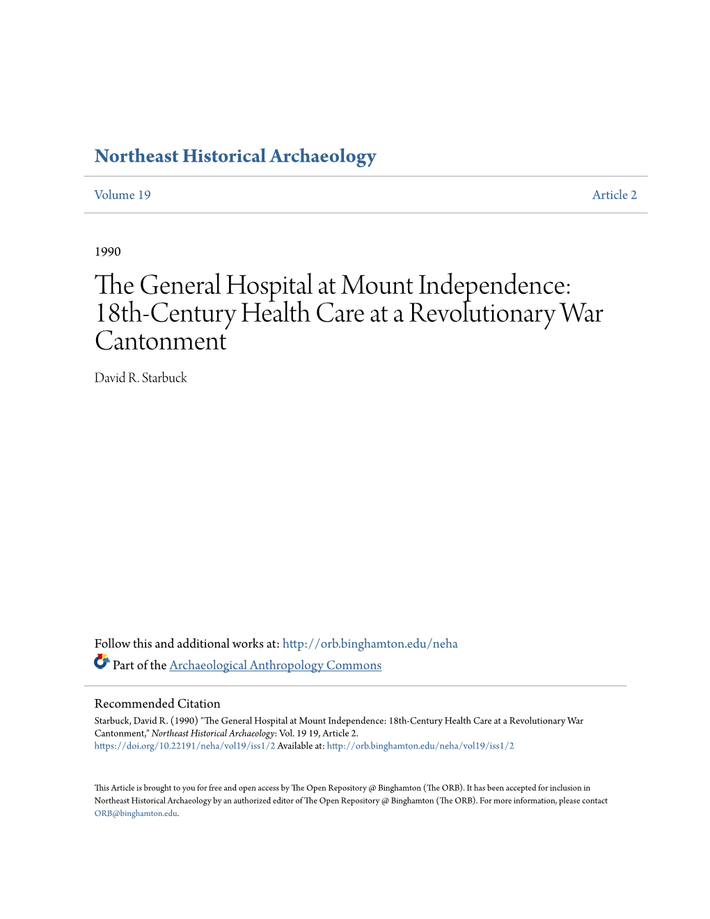 The General Hospital at Mount Independence: 18Th-Century Health Care at a Revolutionary War Cantonment David R