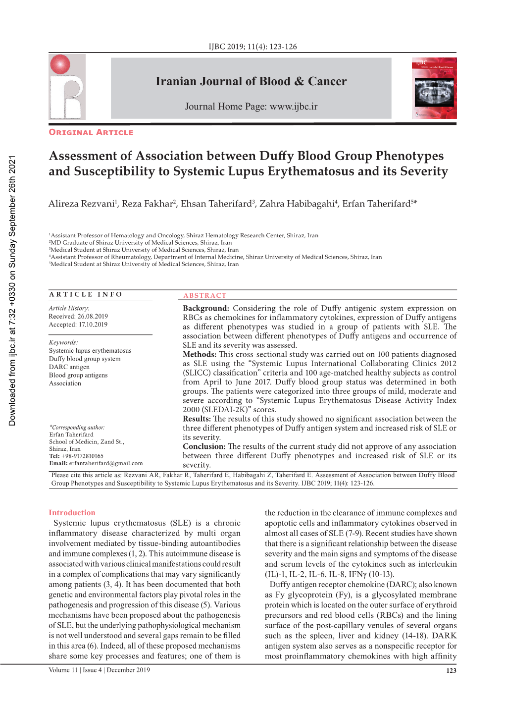 Assessment of Association Between Duffy Blood Group Phenotypes and Susceptibility to Systemic Lupus Erythematosus and Its Severity