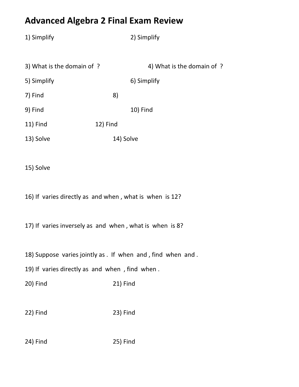 Advanced Algebra 2 Final Exam Review