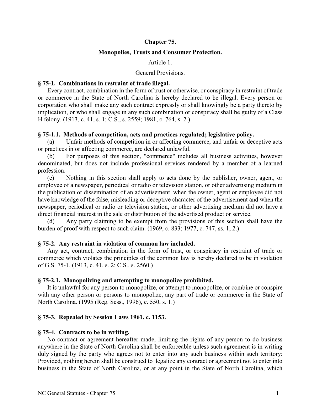 Chapter 75. Monopolies, Trusts and Consumer Protection. Article 1